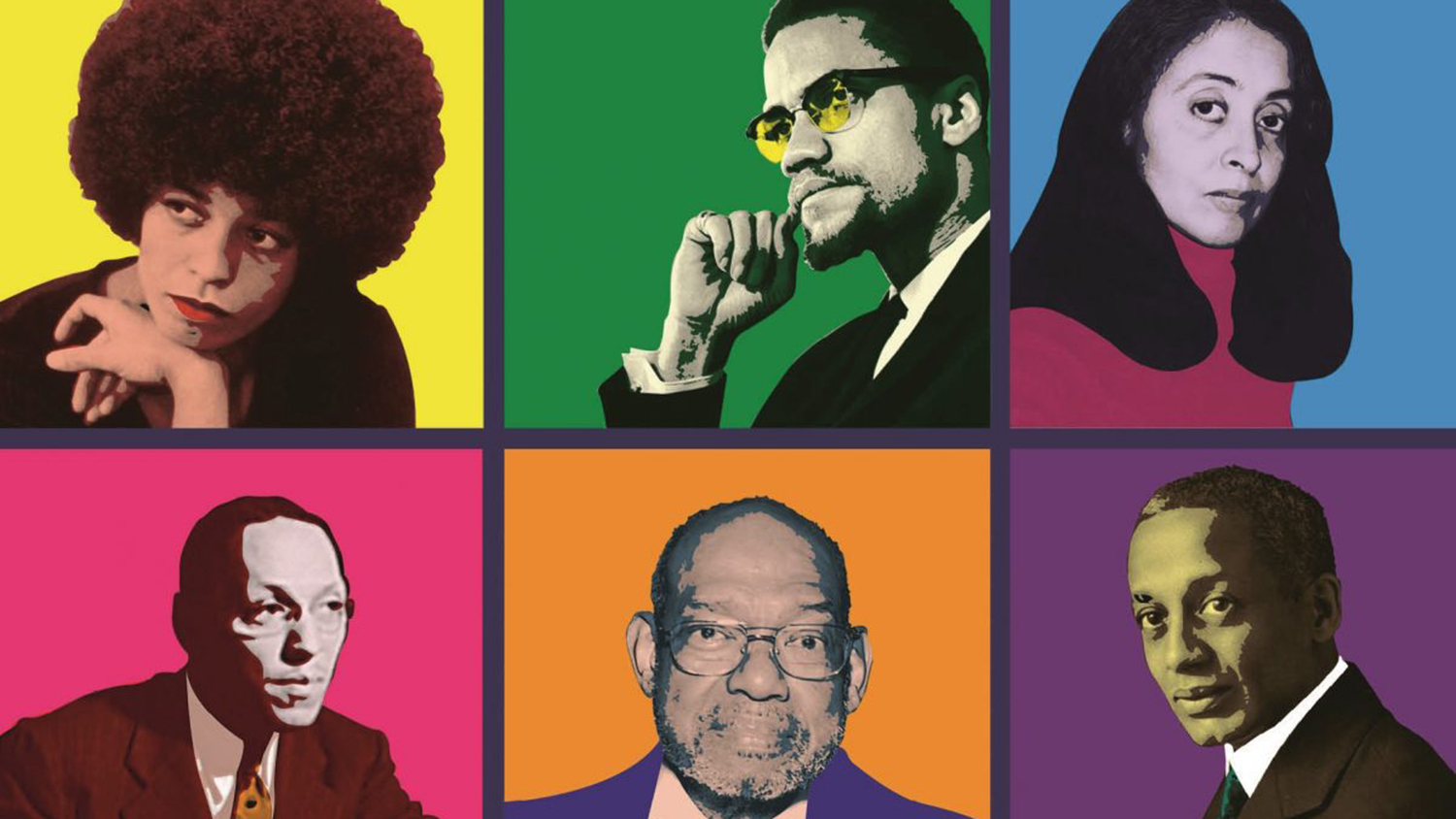 From the Cover of "African American Philosophers and Philosophy": Angela Davis, Malcolm X, Adrian Piper, Eugene Holmes, William R. Jones and Alain Locke